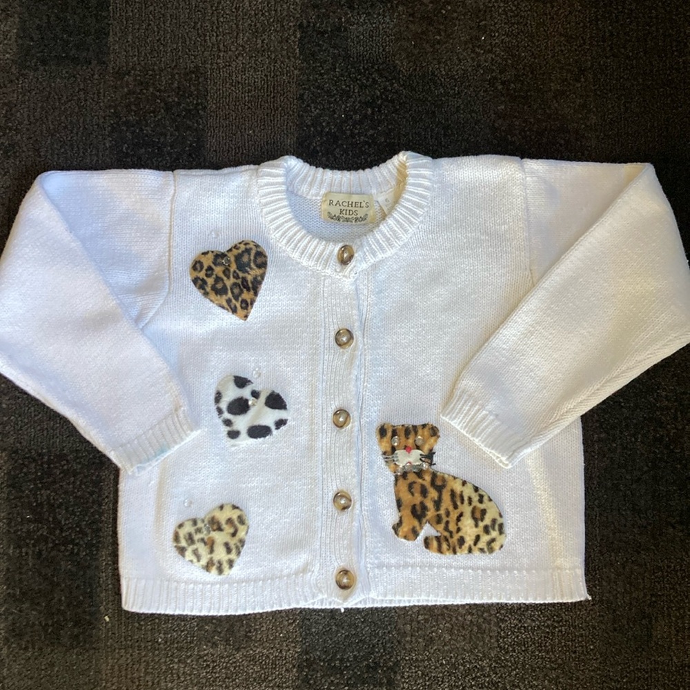 VNTG Kitty Cat w/Hearts Girls Cotton Button Up Cardigan Sweater Size 6 90's Y2K